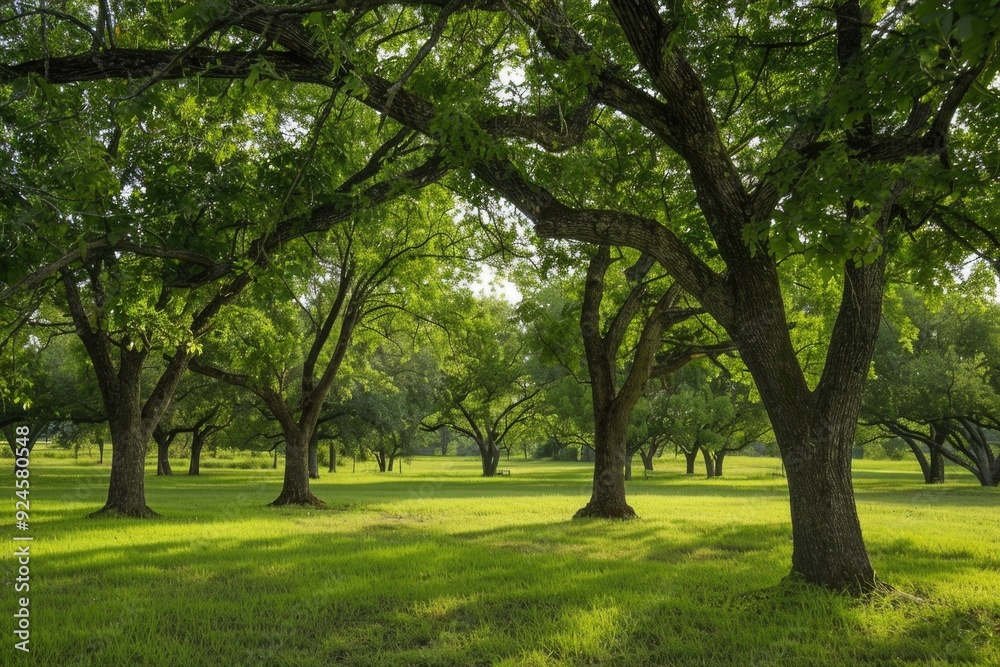 A serene park scene featuring numerous trees and lush green grass A serene park scene featuring numerous trees and lush green grass