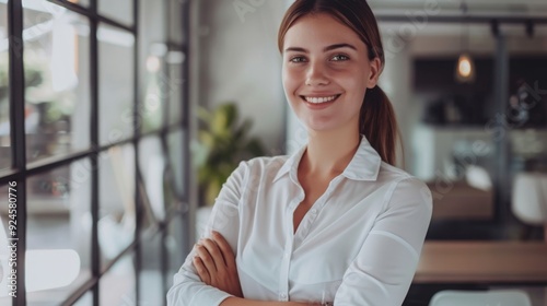 Confident businesswoman with crossed arms smiling in modern office, facing camera, embodying success in professional attire with sleek hairstyle. Free Download Confident businesswoman with crossed arms smiling in modern office, facing camera, embodying success in professional attire with sleek hairstyle. - GFXLoad