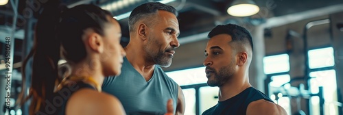 A group of people having a conversation in a modern gym environment, indicating fitness, teamwork, and personal focus. photo