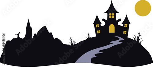spooky halloween haunted house silhouette with full moon and winding path illustration.