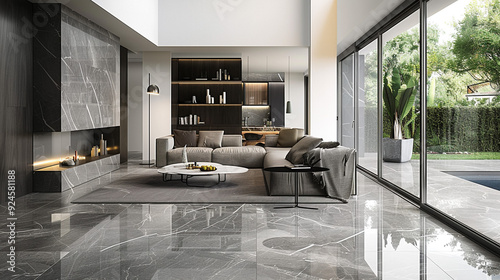 A contemporary open-concept living space with glossy, large-format porcelain tiles in a neutral grey tone, paired with modern furniture and floor-to-ceiling glass doors that lead to an outdoor patio. © Resonant Visions