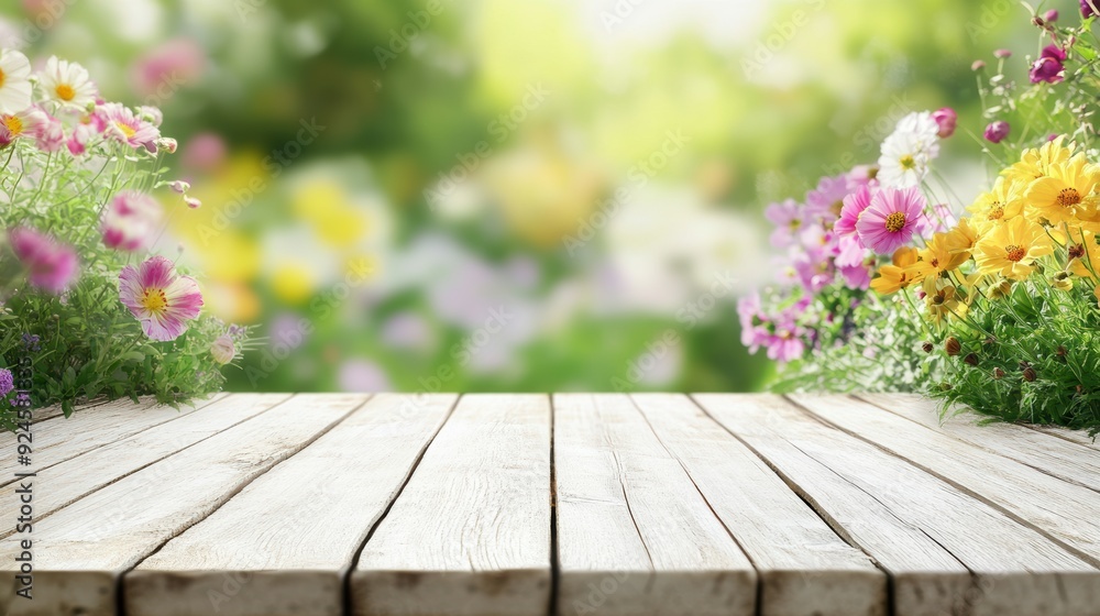Wooden table with a vibrant spring or summer background featuring blooming yellow, white, and pink flowers, perfect for product displays in a clean, bright, and natural setting. Wooden table with a vibrant spring or summer background featuring blooming yellow, white, and pink flowers, perfect for product displays in a clean, bright, and natural setting.