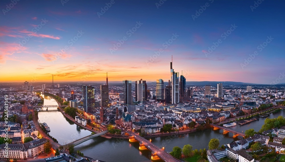 Naklejka premium High resolution aerial panoramic view of Frankfurt, Germany after sunset.city, night, panorama, skyline, architecture, cityscape, building, view, river, landscape, sky, town, water, urban