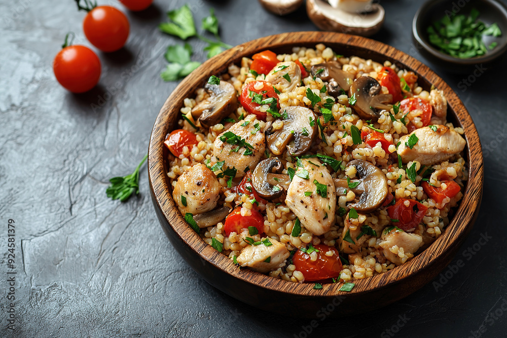 Bulgur with chicken, mushrooms and tomatoes in a wooden bowl. with empty copy space Top view Bulgur with chicken, mushrooms and tomatoes in a wooden bowl. with empty copy space Top view