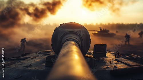 Tank barrel aimed at battlefield during sunset
