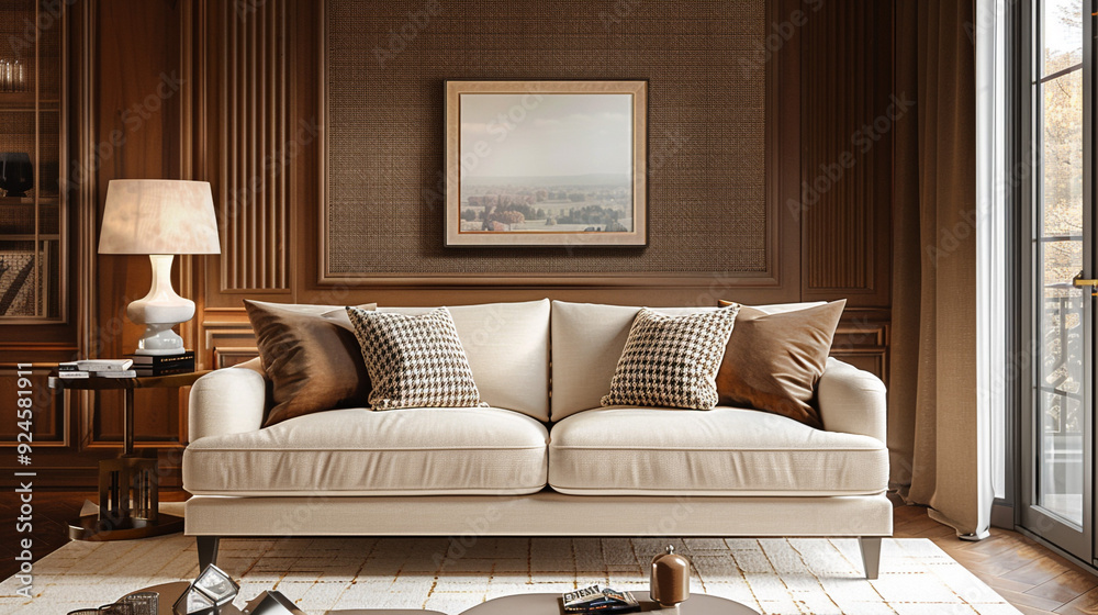 A cozy sitting area with houndstooth wallpaper in chocolate brown and cream, matched with a comfortable cream-colored fabric sofa. A cozy sitting area with houndstooth wallpaper in chocolate brown and cream, matched with a comfortable cream-colored fabric sofa.