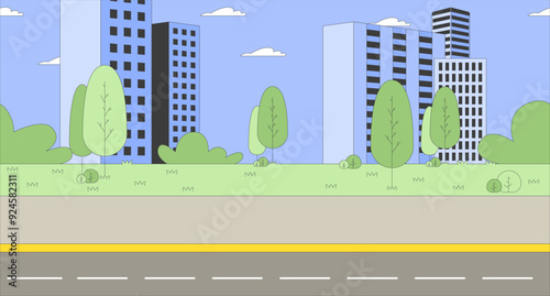 Highway city life cartoon flat illustration. Empty road asphalt 2D cityscape colorful background. Downtown district skyscrapers. Trees highrise buildings skyline scene vector storytelling image