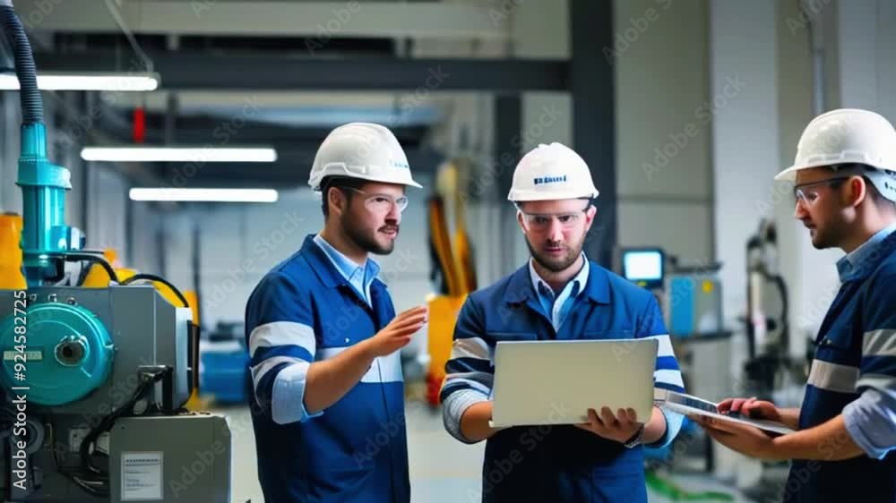 Three engineers wearing hard hats and safety glasses are working in a factory, discussing something on a laptop computer. Three engineers wearing hard hats and safety glasses are working in a factory, discussing something on a laptop computer.