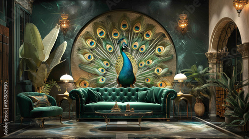 A luxurious living space with Art Deco wallpaper adorned with peacock feather motifs in gold and emerald, matched with a deep green velvet sofa. photo