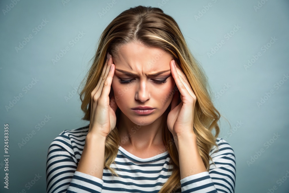 Fototapeta premium Exhausted young woman cradles her head, stroke her temples, and displays a pained expression, conveying the misery of a severe headache against a neutral background.