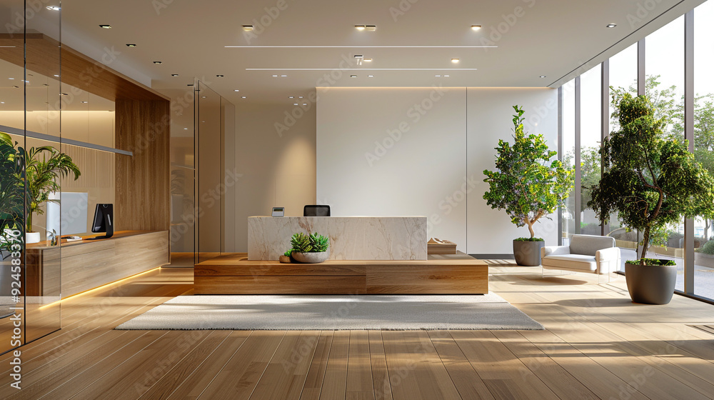 A minimalist office lobby with wooden flooring and a streamlined reception desk, paired with modern furniture. Large glass windows bring in natural light, A minimalist office lobby with wooden flooring and a streamlined reception desk, paired with modern furniture. Large glass windows bring in natural light,