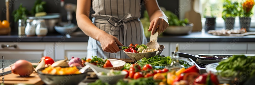Obraz premium A person preparing a colorful salad with various fresh vegetables in a modern kitchen, highlighting the importance of nutrition and wellness.