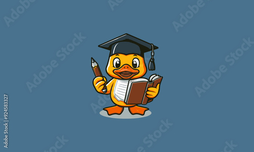 character cartoon duck writing on book vector mascot design