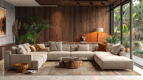 A minimalist living room with a warm, inviting atmosphere, featuring a beige sectional sofa, a dark wood accent wall, and a minimalist glass coffee table.