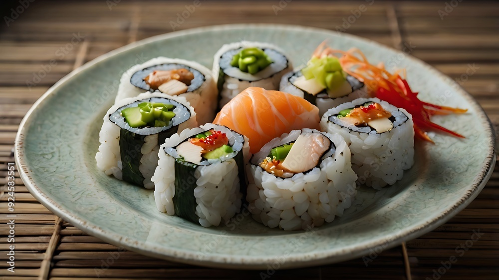 Delicious Sushi rolls served with garnishes, ready for a fine dining experience Delicious Sushi rolls served with garnishes, ready for a fine dining experience