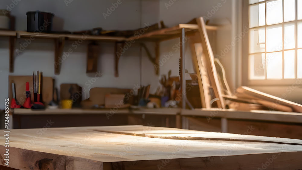 empty carpentry workshop background. wooden table top and blurred modern studio with carpentry tools and materials wood empty carpentry workshop background. wooden table top and blurred modern studio with carpentry tools and materials wood