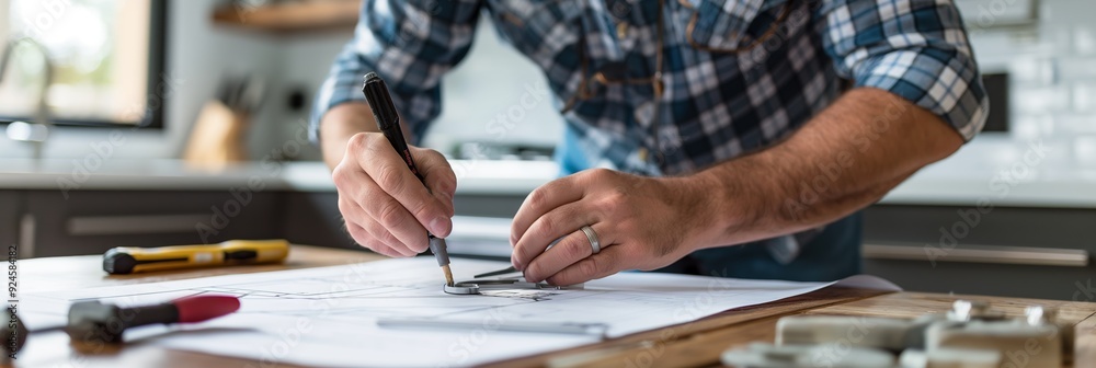 A person in a plaid shirt sketching detailed designs on white paper at a wooden table with various tools spread around in a kitchen setting. A person in a plaid shirt sketching detailed designs on white paper at a wooden table with various tools spread around in a kitchen setting.
