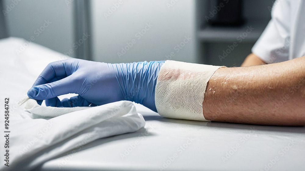 Fototapeta premium Arm with medical bandage resting on examination table, gloved hand holding gauze in clinical hospital setting