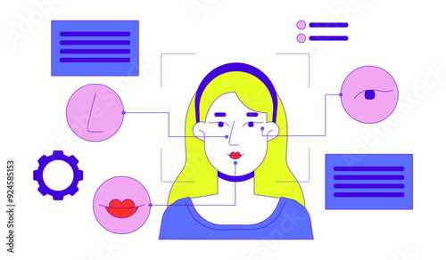 Facial coding technology 2D illustration concept. Identifying nose, mouth, eyes of caucasian woman cartoon character isolated on white. Face biometrics security metaphor abstract flat vector graphic