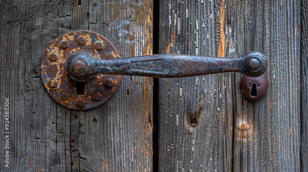 A side profile of a rustic, hand-forged iron door handle with a textured finish, mounted on a weathered wooden door. A side profile of a rustic, hand-forged iron door handle with a textured finish, mounted on a weathered wooden door.