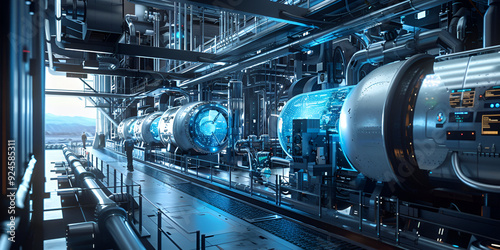  Advanced Modern Water Purification System in a Futuristic Factory Setting with High-Tech Industrial Machinery and Blue-Tinted Environment