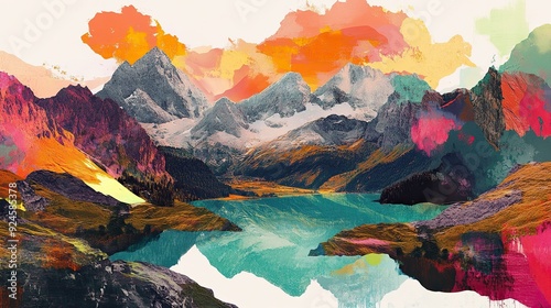 Dynamic landscape art collage blending bright hues and soft shades illustrating majestic mountains and serene lakes creating an engaging aesthetic