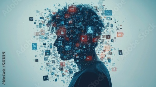 A digital silhouette of a person surrounded by floating icons representing social media and online communication. The figure seems overwhelmed by the influx of notifications and messages, symbolizing
