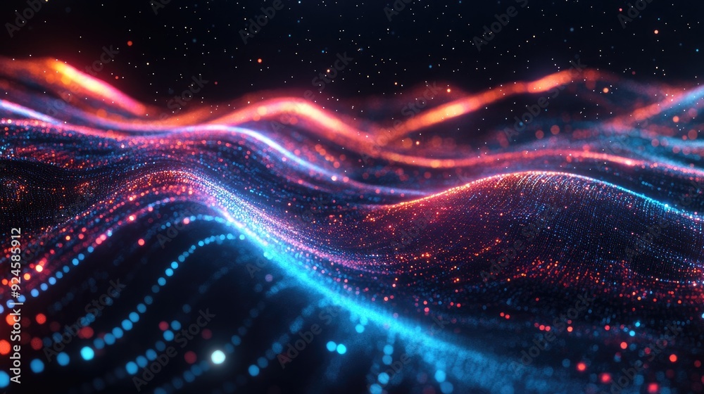 Abstract top view of glowing data streams with plenty of copy space on the left.