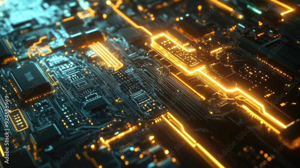 Abstract top view of glowing technology circuits, with ample copy space on the left. Abstract top view of glowing technology circuits, with ample copy space on the left.
