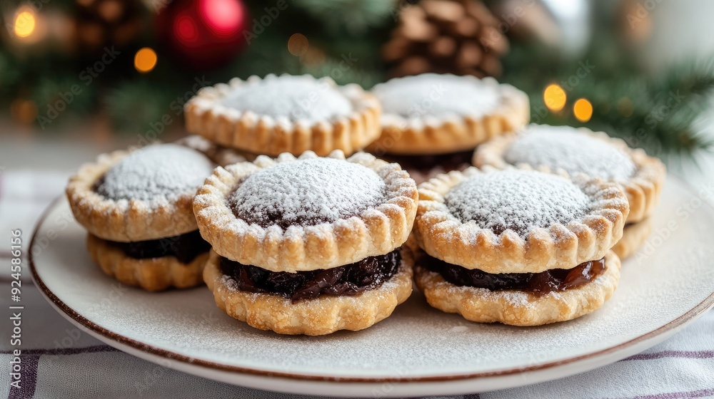 British mince pies with powdered sugar on a white plate. British mince pies with powdered sugar on a white plate.