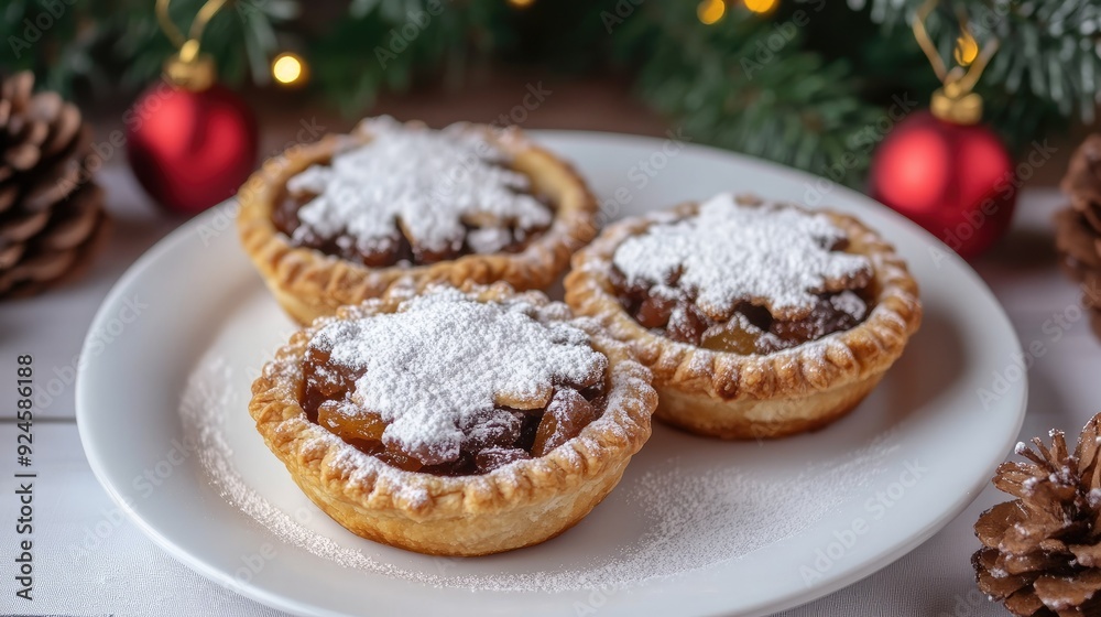 British mince pies with powdered sugar on a white plate. British mince pies with powdered sugar on a white plate.