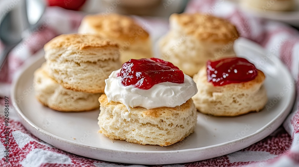 British scones with clotted cream and strawberry jam on a white plate.