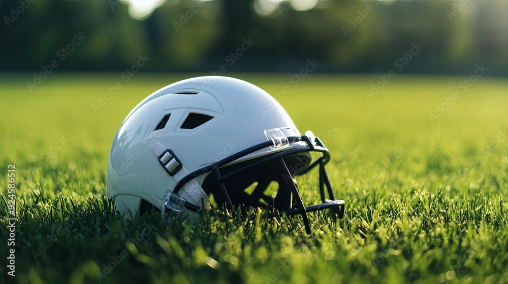 White sports helmet resting on a green grass field White sports helmet resting on a green grass field