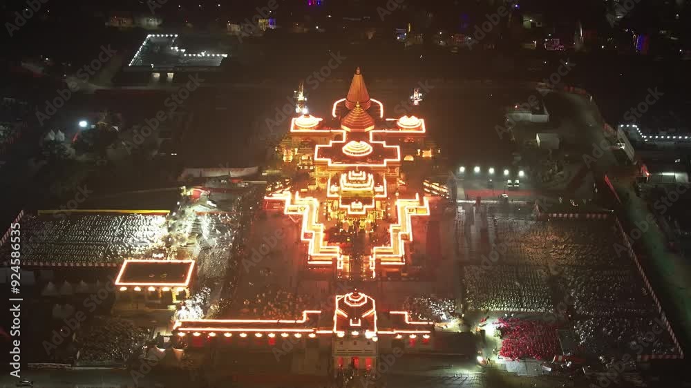 Aerial night view of Ayodhya Ram Temple, a brightly lit temple complex glowing against a dark cityscape. Famous historical place in India