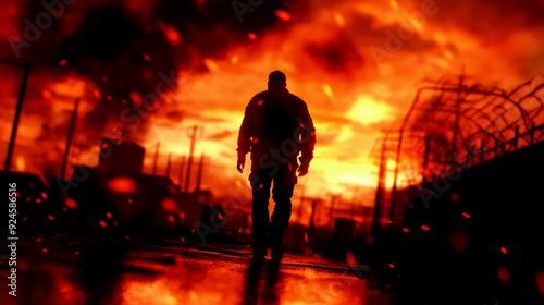 A silhouette of a person walking against a fiery sky, creating a dramatic and intense atmosphere.