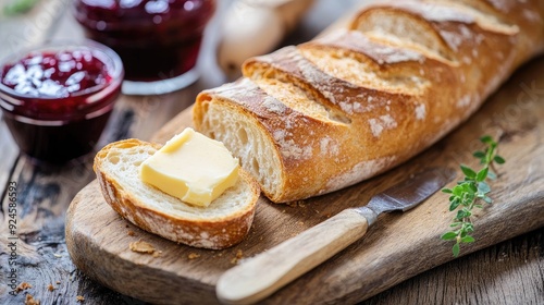 French baguette slices with butter and jam on a rustic wooden table.