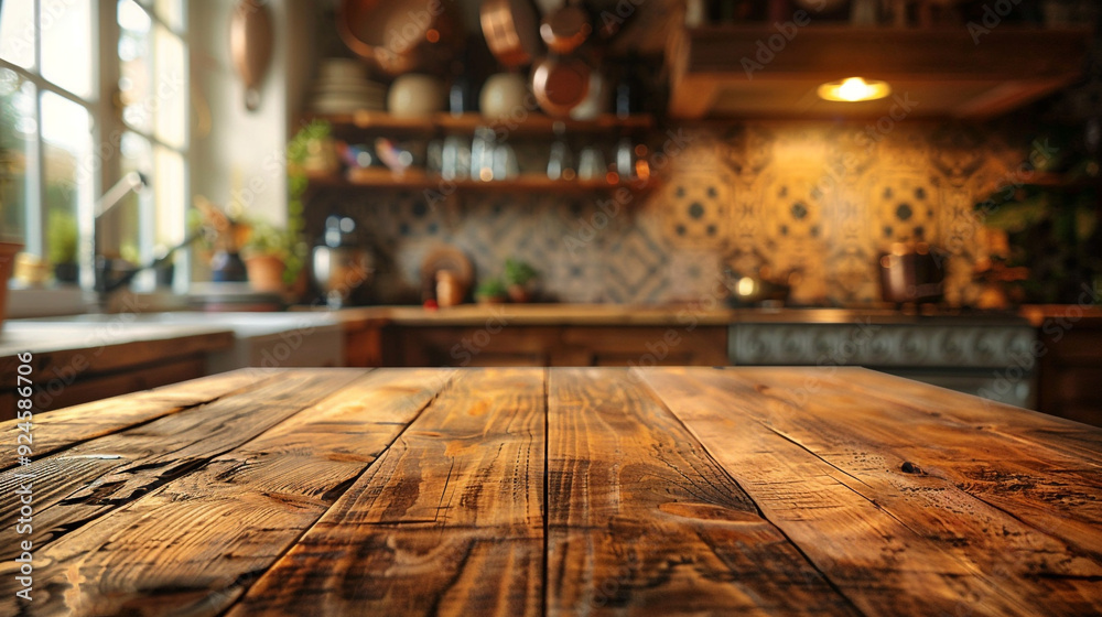 A textured, reclaimed wooden tabletop with rich, deep hues, with a blurred background of a vintage-style home kitchen. A textured, reclaimed wooden tabletop with rich, deep hues, with a blurred background of a vintage-style home kitchen.