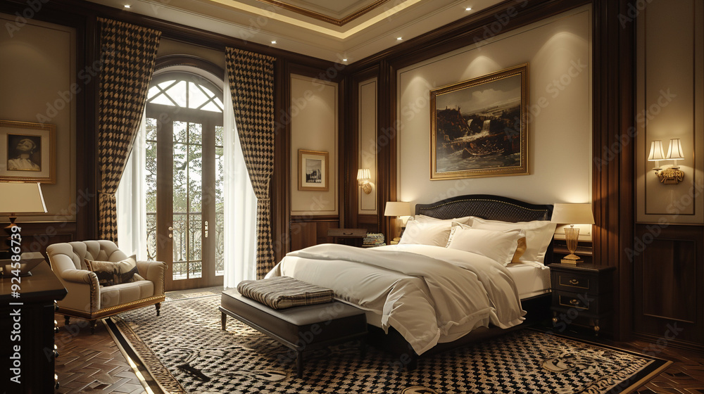 A traditional bedroom featuring houndstooth patterned curtains in black and gold, complemented by rich dark wood furniture and warm beige walls. A traditional bedroom featuring houndstooth patterned curtains in black and gold, complemented by rich dark wood furniture and warm beige walls.