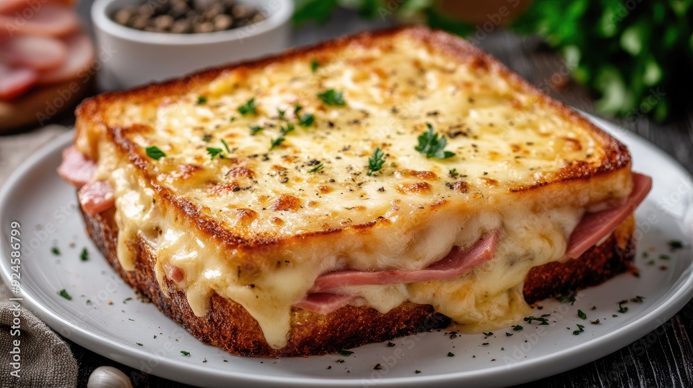 French croque monsieur with ham, cheese, and sauce on a white plate. French croque monsieur with ham, cheese, and sauce on a white plate.
