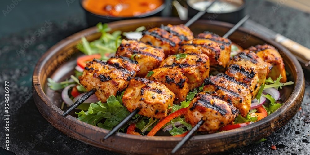 Grilled Murgh Malai Tikka Traditional Indian Afghani Chicken Kabab with Creamy Texture Served with Fresh Salad Grilled Murgh Malai Tikka Traditional Indian Afghani Chicken Kabab with Creamy Texture Served with Fresh Salad