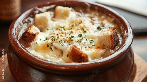 French onion soup with melted cheese and croutons in a ceramic bowl.