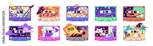 Abstract designs of retro mixtapes set. Vintage music records on compacts. Different colourful audio cassettes. Various mix tapes with pop, rock. Flat isolated vector illustrations on white background