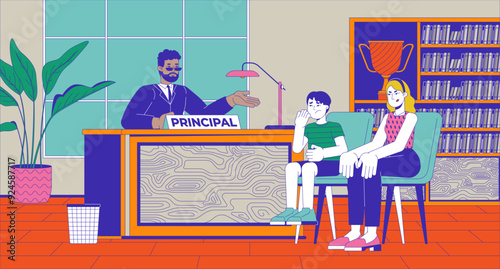 School principal with bully and his mother cartoon flat illustration. Teacher and parent discussing student behavior 2D characters colorful background. Education scene vector storytelling image