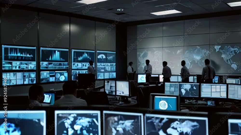 A group of people working in a brightly lit, dark, modern office with many computer screens that display data, a world map, and charts. A group of people working in a brightly lit, dark, modern office with many computer screens that display data, a world map, and charts.