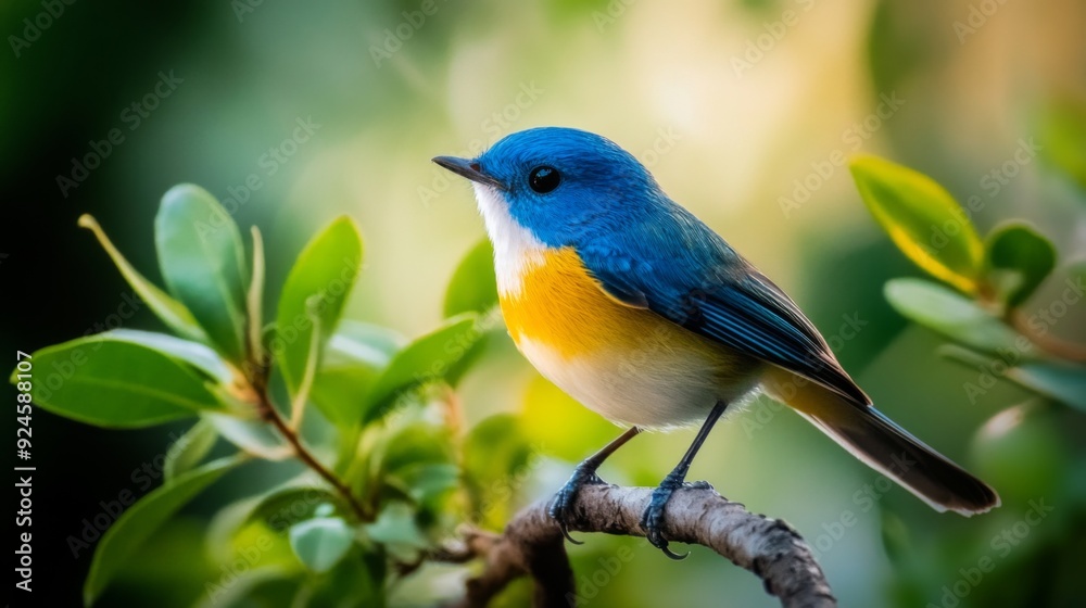 A small blue and yellow bird perches on a branch with green leaves. A small blue and yellow bird perches on a branch with green leaves.