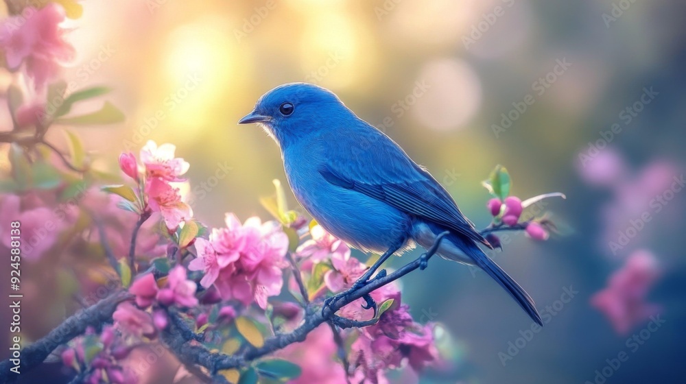 A small blue bird perched on a branch with pink blossoms.