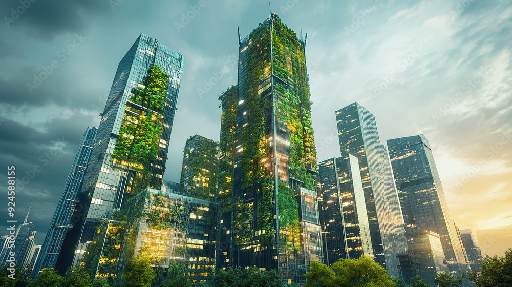Green cityscape with skyscrapers featuring vertical gardens and solar ...