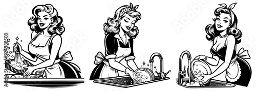 pin-up girl washing dishes black vector illustration