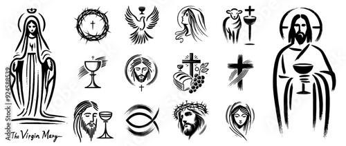 Jesus, Mary, cross and other christian motifs, religious icon set, black vector shapes