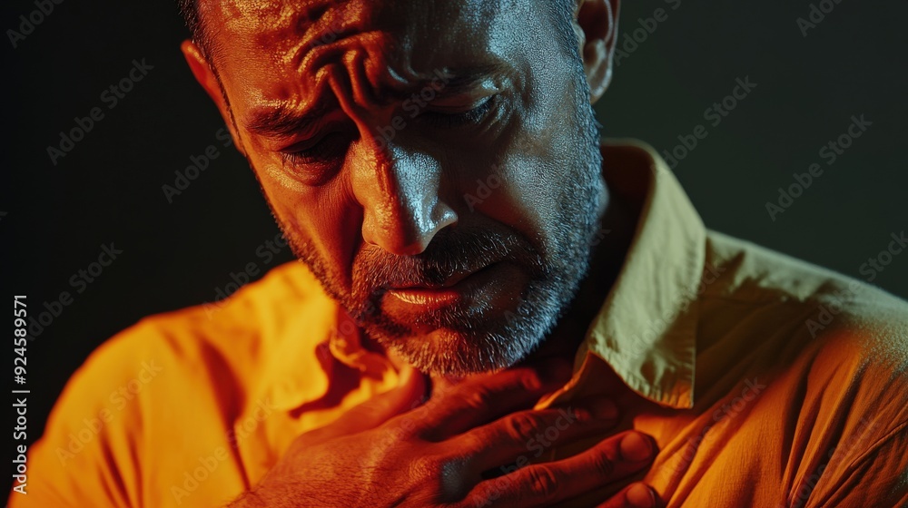 A man appears distressed, clutching his chest and showing signs of concern in low light, heart pain, heart attack, heart failure, arrhythmia, atherosclerosis, cardiopathy, A man appears distressed, clutching his chest and showing signs of concern in low light, heart pain, heart attack, heart failure, arrhythmia, atherosclerosis, cardiopathy,